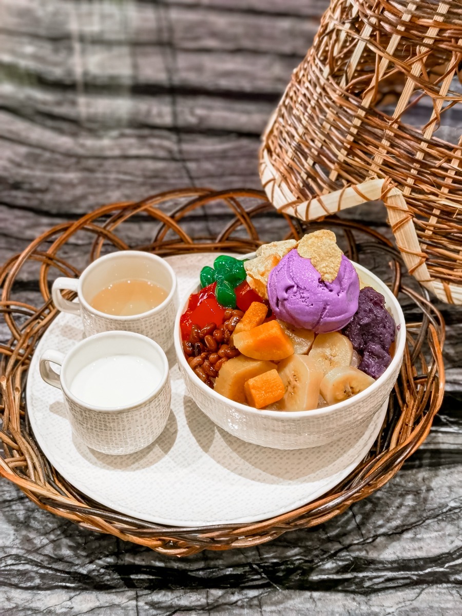 Halo-halo topped with ube ice cream and ube halaya — the classic Filipino shaved-ice dessert